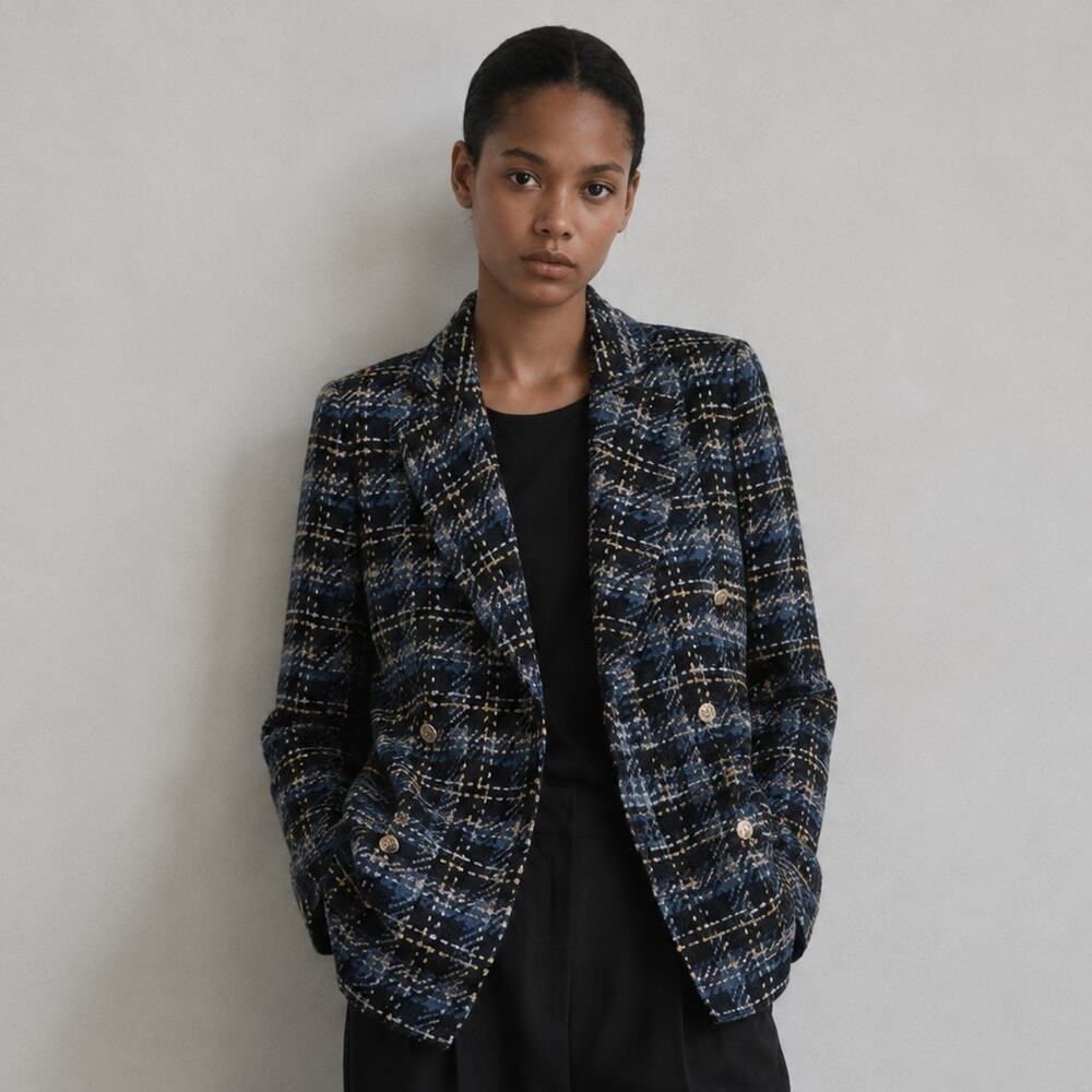 Karen Millen Longline Tweed Double-breasted Blazer Womens 4 Navy Long Sleeve